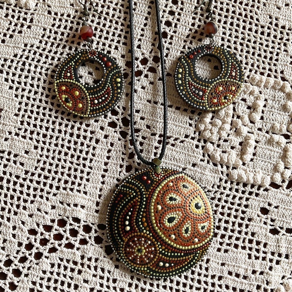 NWOT Wood Hand Painted Leather Black Cord Necklace/Earrings set